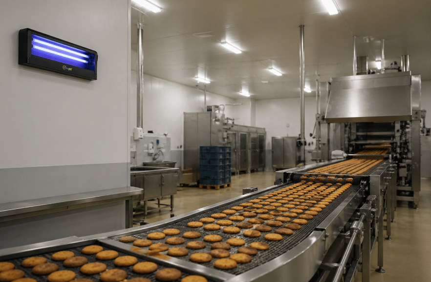 Controle de moscas na indústria de biscoitos: armadilha luminosa da Dalper para moscas numa indústria de biscoitos.