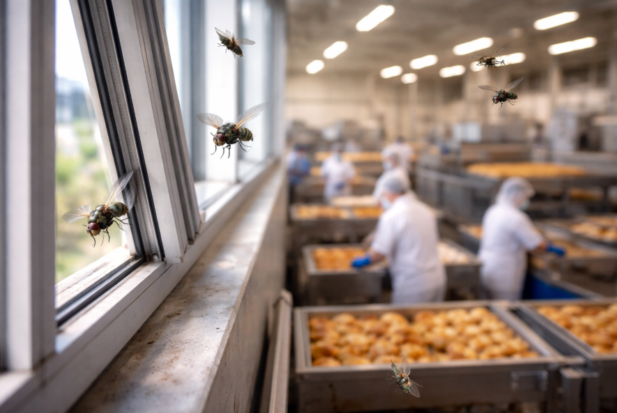 Armadilha para moscas na indústria de fabricação de massas: moscas entrando pela janela.