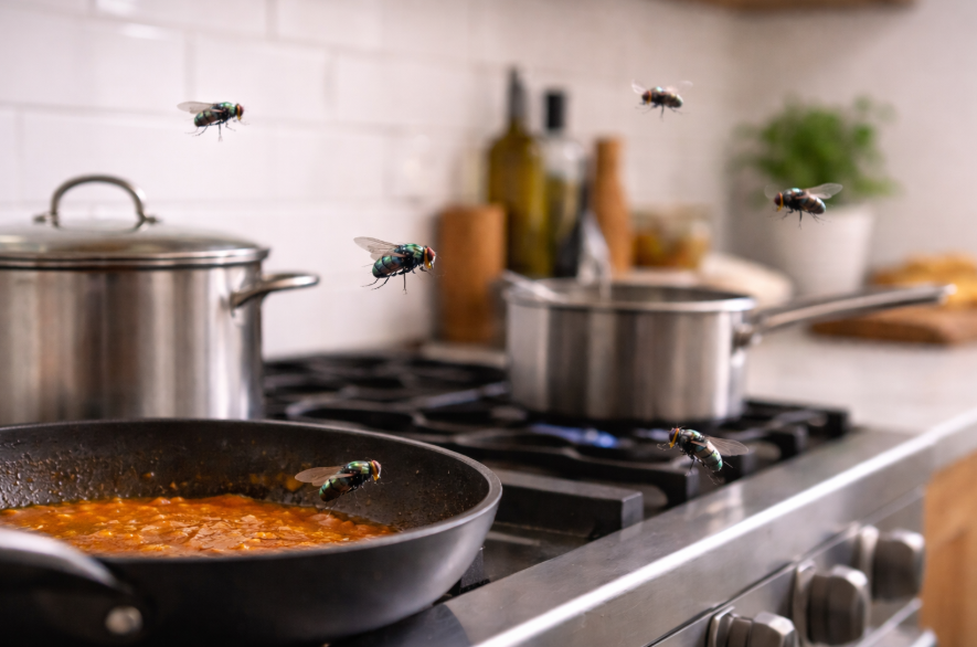 Como espantar moscas da cozinha: moscas voando perto do fogão.