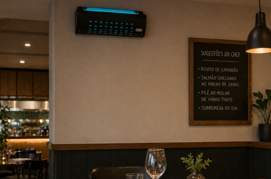 Melhores armadilhas para moscas em restaurantes: imagem de um restaurante com uma armadilha para moscas na parede.