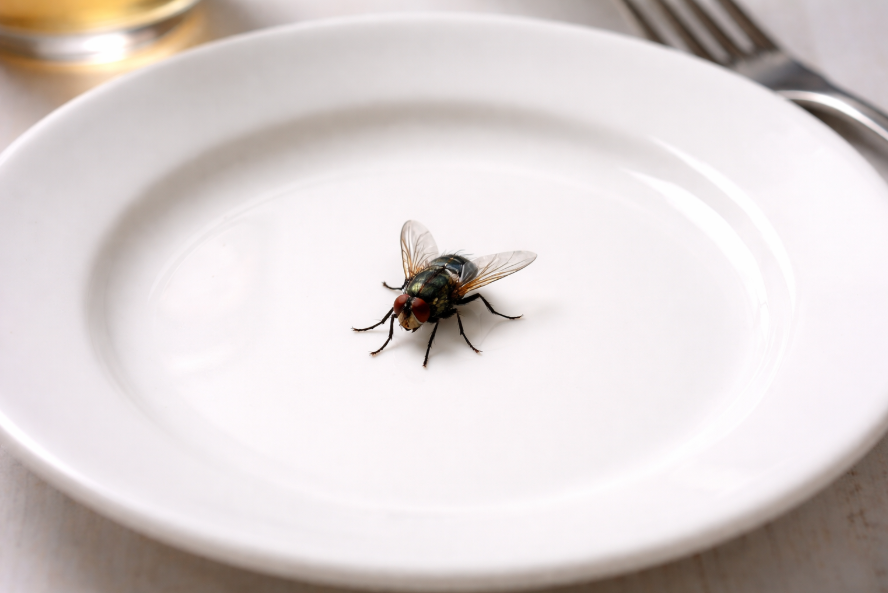 Controle de moscas em restaurantes: mosca pousada dentro do prato.