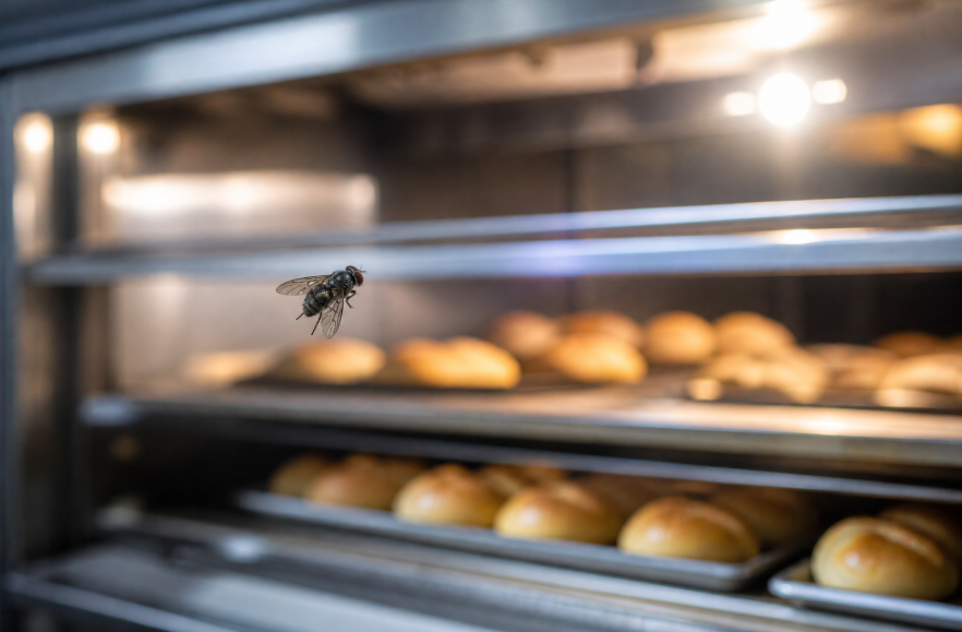 O que mata moscas: mosca voando em uma padaria,