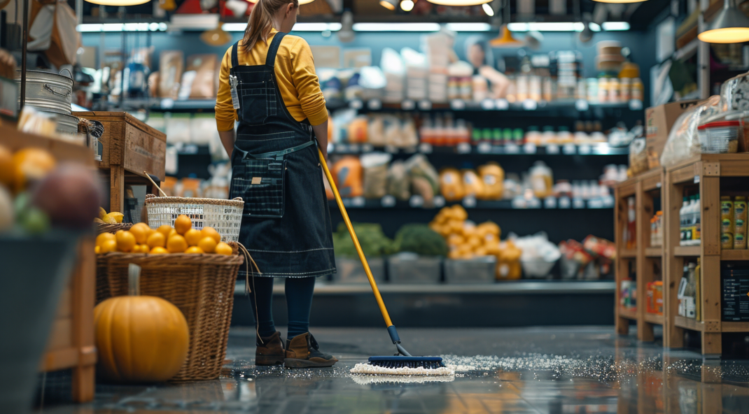 Armadilha para moscas no supermercado: funcionária limpando o supermercado.