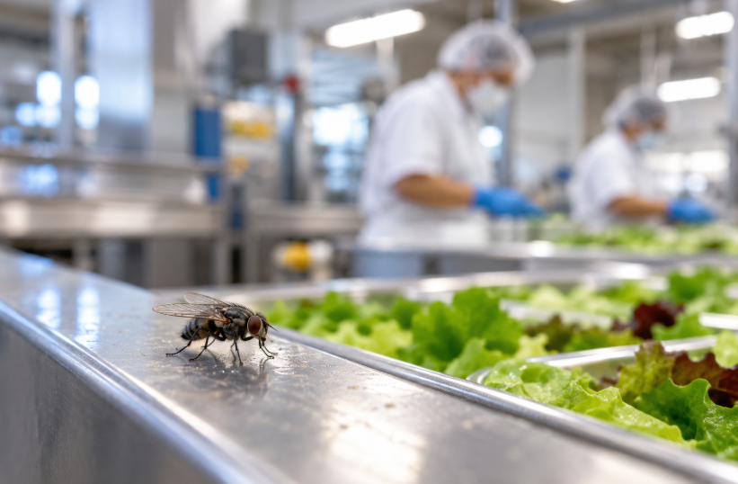 Armadilhas luminosas BPF: mosca em cima de um balcão numa indústria de alimentos.