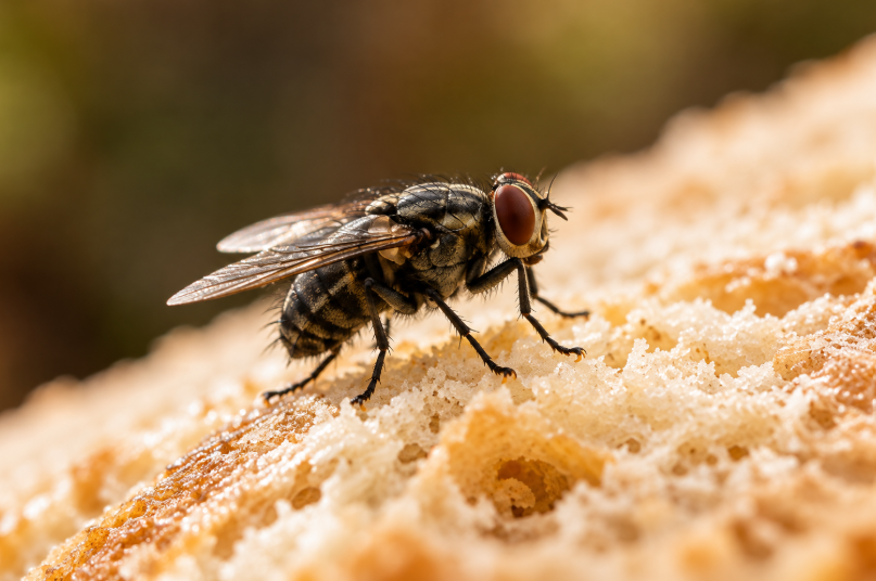 Moscas no verão: mosca em cima de uma comida.