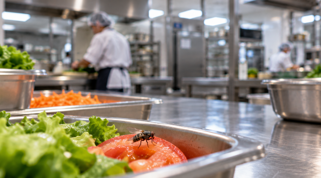 Melhores armadilhas para moscas para cozinhas industriais: mosca na salada de tomate.